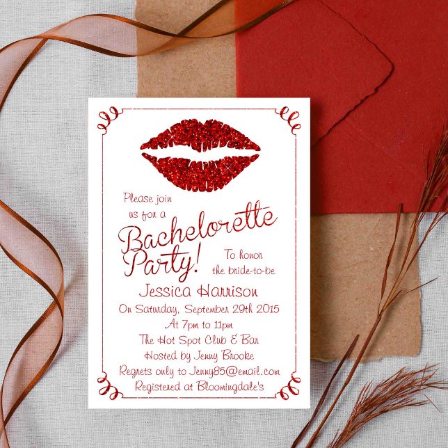 Invitación Labios rojos rubí efecto brillo fiesta de despedid (Subido por el creador)