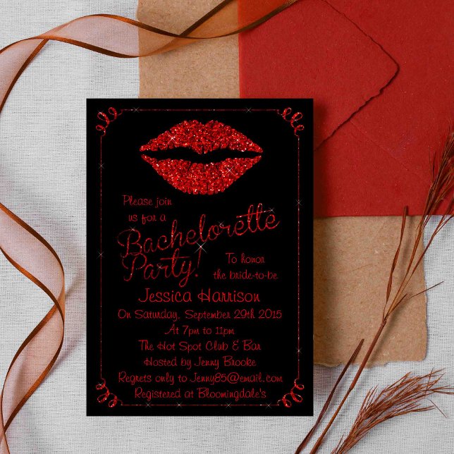 Invitación Labios rojos rubí efecto brillo fiesta de soltera (Subido por el creador)