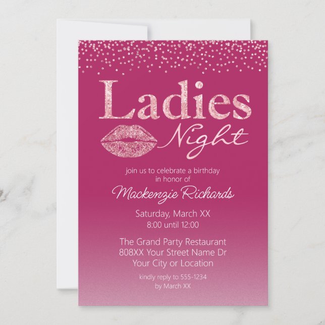 Invitación Labios rosas y glamorosas damas Purpurinas (Anverso)