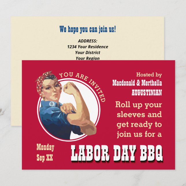 Invitación LABOR DAY BBQ Rosie Riveter (Anverso / Reverso)