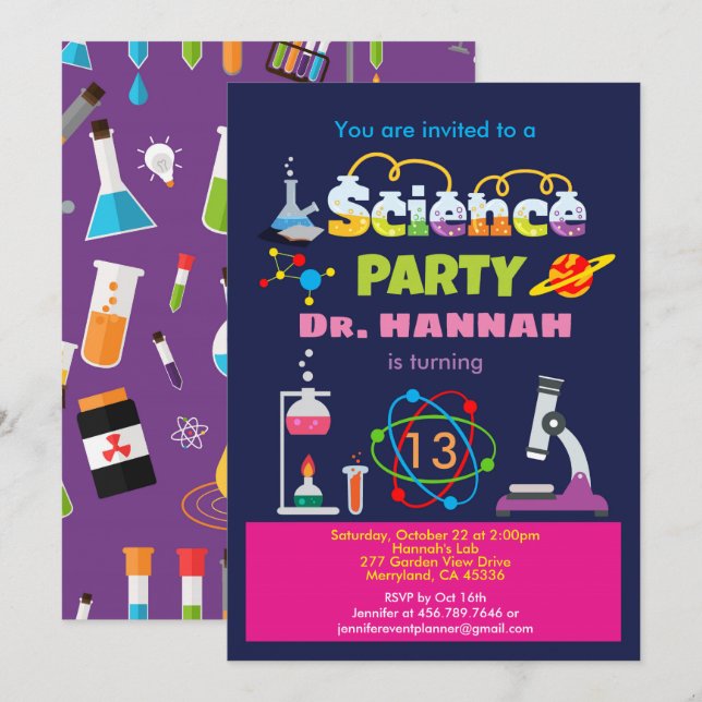 Invitación Laboratorio de cumpleaños de ciencia para chica (Anverso / Reverso)