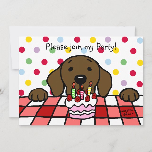 Invitación Labrador de chocolate viendo el cumpleaños (Anverso)