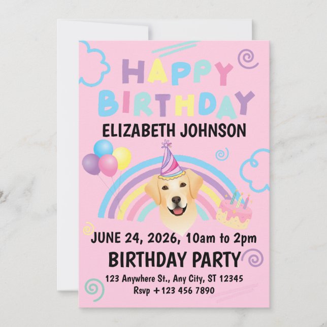 Invitación Labrador Retriever Birthday Party Invitation Pink (Anverso)