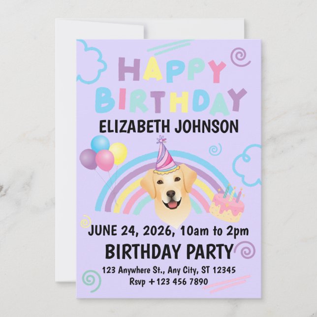 Invitación Labrador Retriever Birthday Party Invitation Purpl (Anverso)