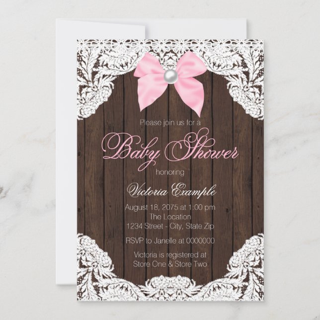Invitación Lace and Wood Baby Shower (Anverso)