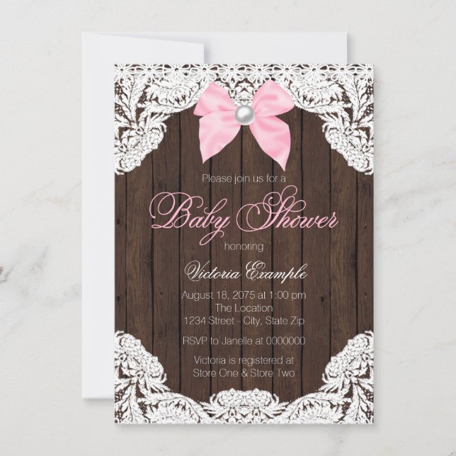 Invitación Lace and Wood Baby Shower (Anverso)