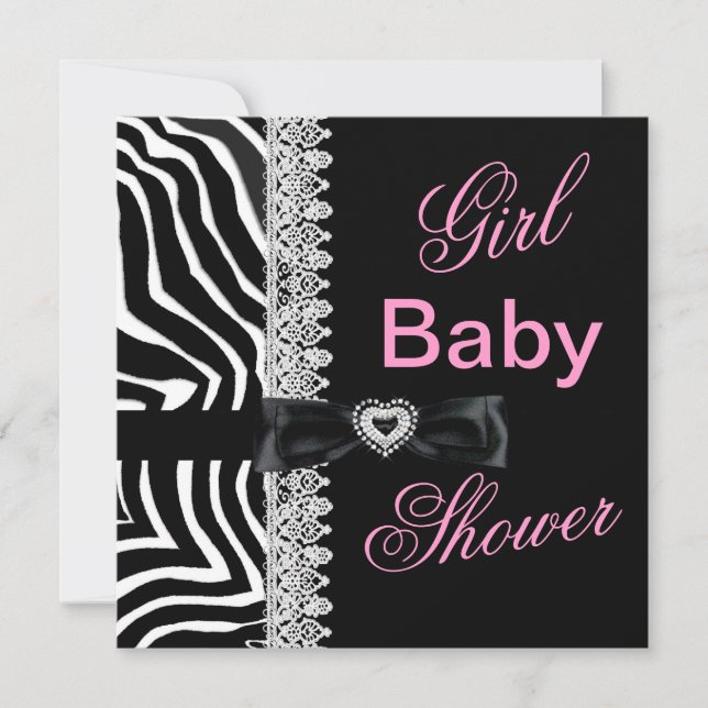 Invitación Lace Baby Shower de Chica rosa negro de cebra (Anverso)