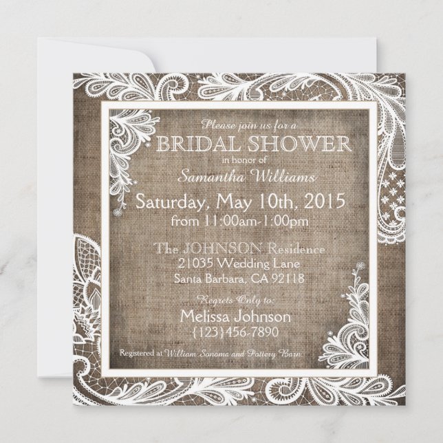 Invitación Lace blanco Burlap Gótico moderno ducha de novia (Anverso)