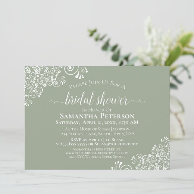 Invitación Lace blanco en una elegante ducha de novia verde s (Anverso de pie)