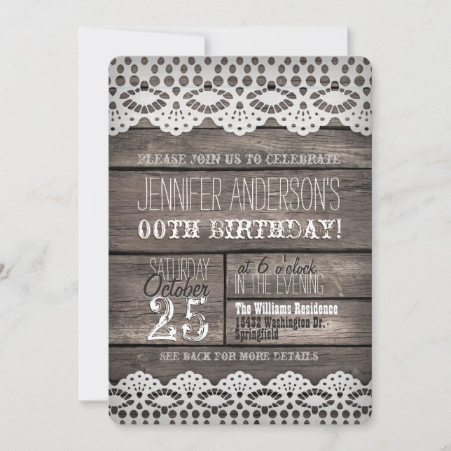 Invitación Lace Blanco, Rústica Madera Marrón Adulto Cumpleañ (Anverso)