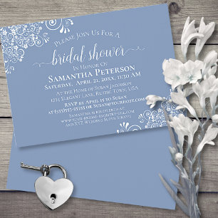 Invitación Lace blanco sobre una ducha azul elegante y turbia