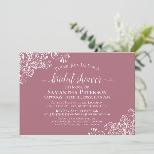 Invitación Lace blanco sobre una ducha de Rosa elegante y tur (Anverso de pie)