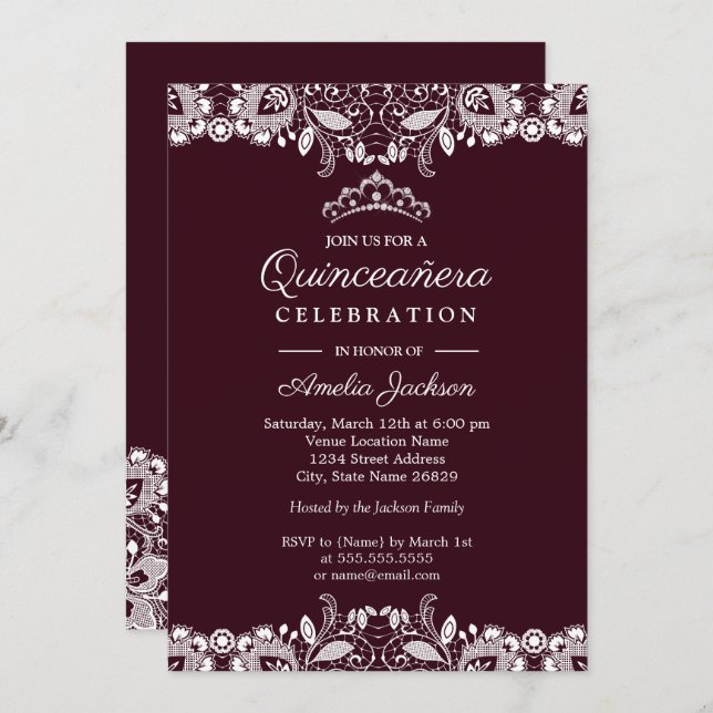 Invitación Lace blanco vintage Burgundy Quinceanera (Anverso / Reverso)