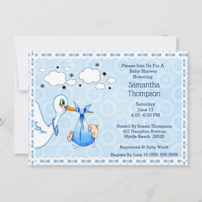 Invitación Lace Blue Stork Baby Boy Shower (Anverso)