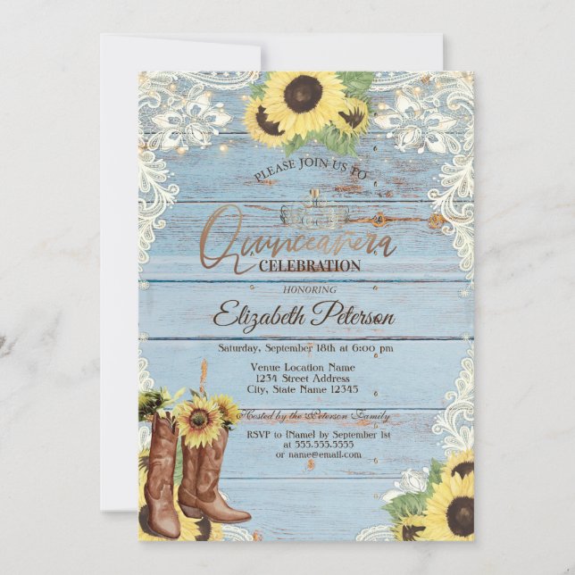 Invitación Lace,Boots Sunflowers Blue Wood Quinceañera  (Anverso)