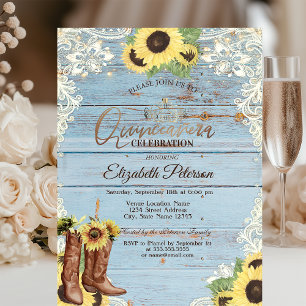 Invitación Lace,Botas Girasoles Azul Quinceañera 