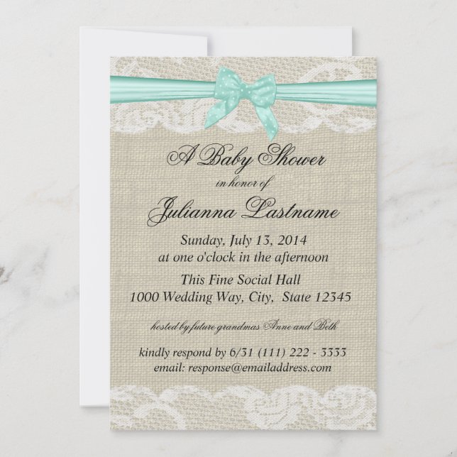 Invitación Lace Burlap y Bow Baby Shower (Anverso)