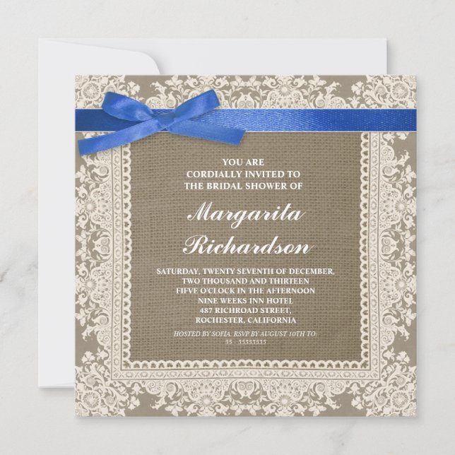Invitación lace burlap y cinta azul ducha de novia invita (Anverso)