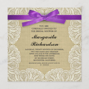 Invitación lace burlap y cinta morada ducha de novia invita