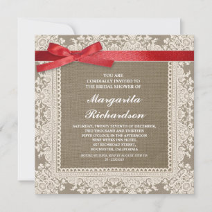 Invitación lace burlap y cinta roja ducha de novia invita