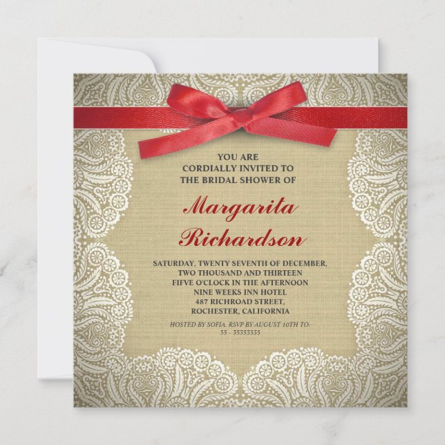 Invitación lace burlap y cinta roja ducha de novia invita (Anverso)