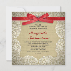 Invitación lace burlap y cinta roja ducha de novia invita