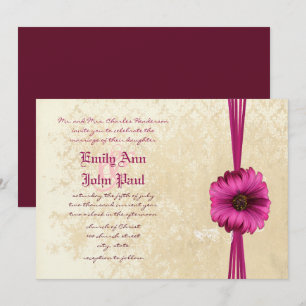 Invitación Lace Damask Moody Dark Pink Gerber Daisy Wedding