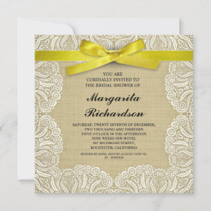 Invitación lace de burlap y cinta amarilla ducha de novia inv