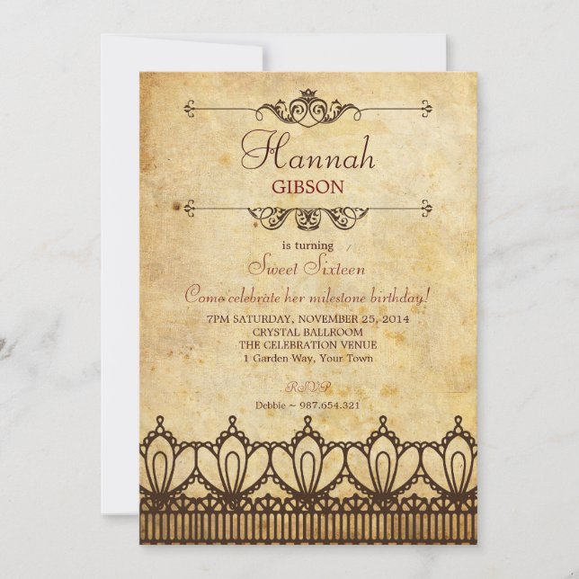 Invitación Lace de época (aspecto antiguo) Dulce 16 Invitació (Anverso)