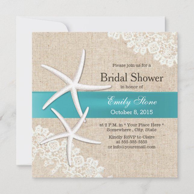 Invitación Lace de pez estrella azul y ducha de novia Burlap (Anverso)