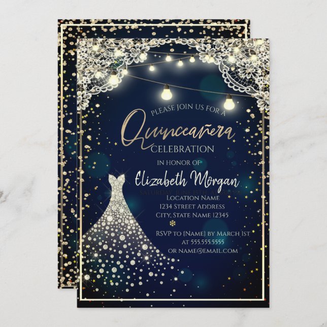 Invitación Lace, Diamantes Vestidos Azul Oscuro Quinceañera (Anverso / Reverso)