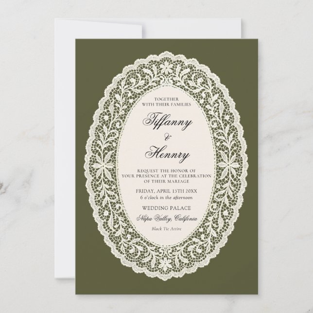 Invitación Lace Doily Olive Green Wedding Invitation (Anverso)