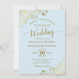 Invitación Lace dorado sobre Boda formal elegante azul en pol
