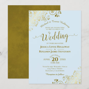 Invitación Lace dorado sobre Boda formal elegante azul en pol