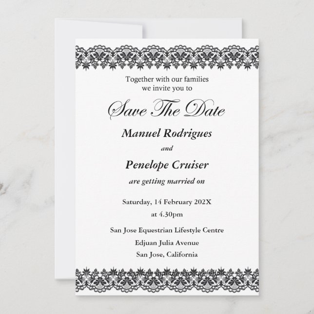 Invitación Lace en blanco y negro Salven la fecha (Anverso)