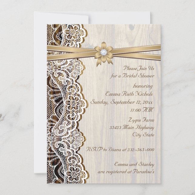 Invitación Lace, flor de cinta y boda de madera ducha de novi (Anverso)