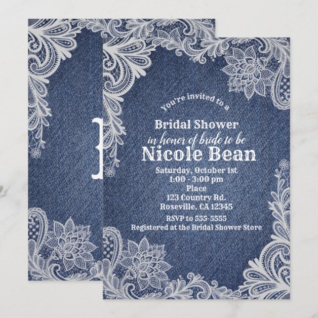Invitación Lace floral blanco y denim elegante ducha de novia (Anverso / Reverso)