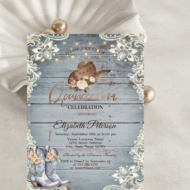 Invitación Lace Floral Boots Blue Wood Quinceañera   (Subido por el creador)