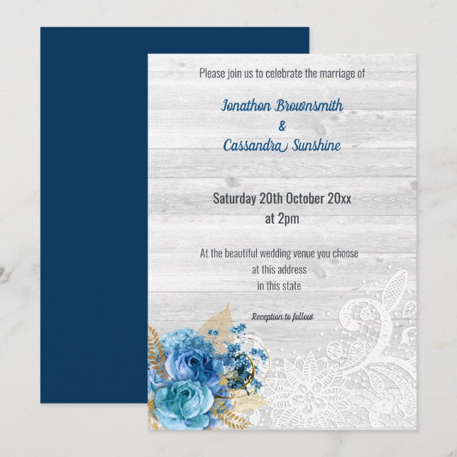 INVITACIÓN LACE FLORAL NAVY BODA RÚSTICO AZUL NAVY (Anverso / Reverso)