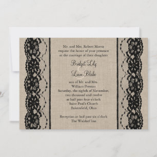 Invitación Lace in Black en Burlap Wedding Invitation