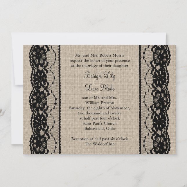 Invitación Lace in Black en Burlap Wedding Invitation (Anverso)