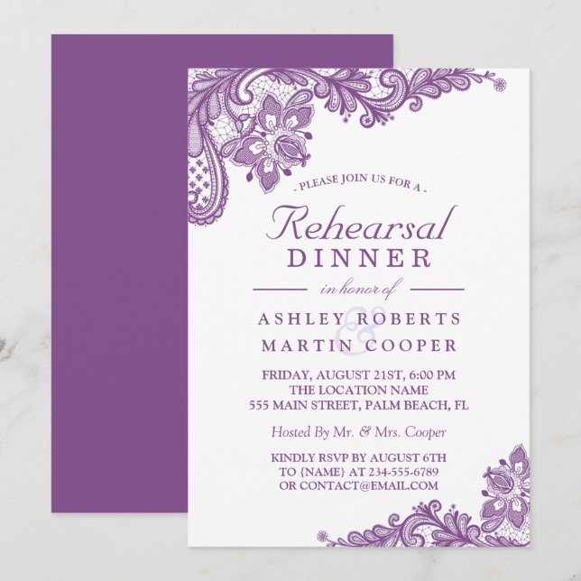 Invitación Lace Lavender Purple | Cena de ensayo Boda (Anverso / Reverso)