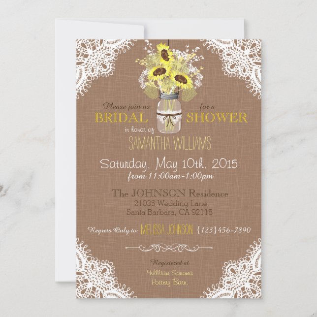 Invitación Lace Mason Jar Sunflower Rústico Bridal Shower (Anverso)