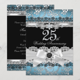 Invitación Lace & Pearl Bow Silver Blue 25 Aniversario