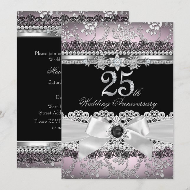 Invitación Lace & Pearl Bow Silver Pink 25 Aniversario (Anverso / Reverso)