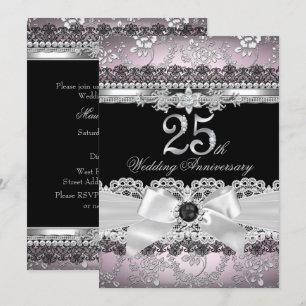 Invitación Lace & Pearl Bow Silver Pink 25 Aniversario