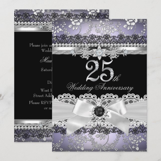 Invitación Lace Pearl Bow Silver Purple 25 Aniversario (Anverso / Reverso)