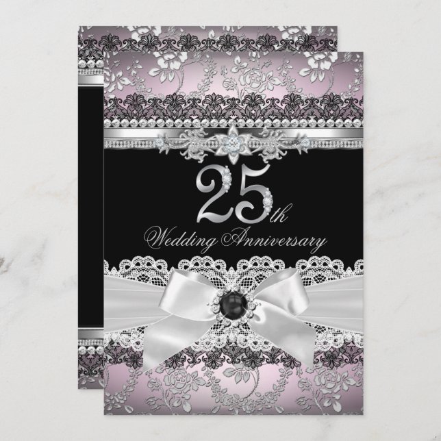 Invitación Lace & Pearl Bow Silver Rosa 25 Aniversario (Anverso / Reverso)