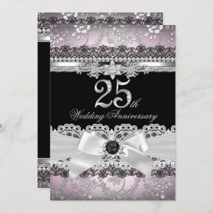 Invitación Lace & Pearl Bow Silver Rosa 25 Aniversario