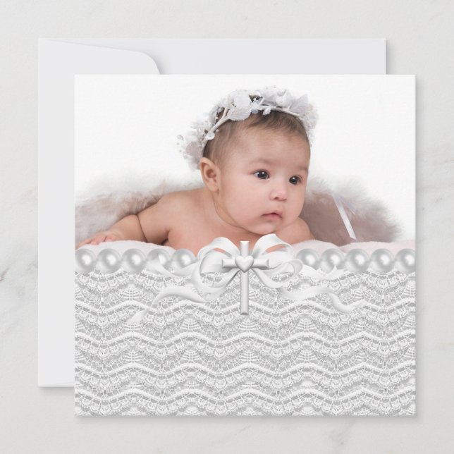 Invitación Lace Pearl Cross Christening (Anverso)